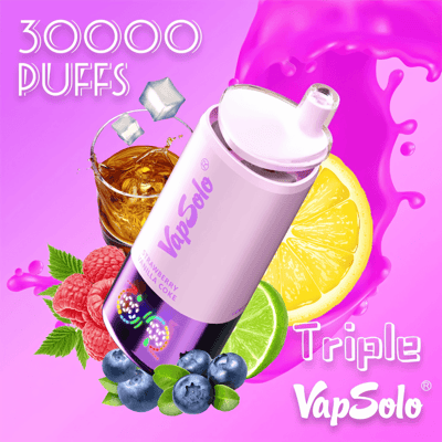 Promotional image for a VapSolo device offering '30,000 Puffs,' featuring a pink cylindrical vaporizer device surrounded by fruits like blueberries, raspberries, lemon, and lime, as well as a glass of cola and ice cubes, all on a vibrant pink background.