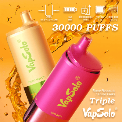 Promotional image showcasing two VapSolo vape devices with vibrant designs, labeled "Triple Melon" and "Red Bull" flavors, surrounded by dynamic golden liquid splashes and product specifications highlighting 30,000 puffs, 650mAh rechargeable battery, voltage of 3.6V, and mesh coil technology.