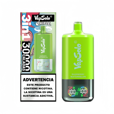 A VapSolo brand raspberry-watermelon flavored vape device in green packaging accompanied by a warning label about nicotine being addictive.