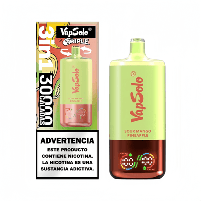 Vaporizer device and packaging for VapSolo Triple, flavor Sour Mango Pineapple, with Spanish nicotine addiction warning.