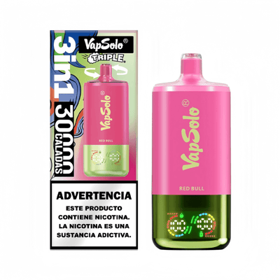 Pink VapSolo electronic cigarette featuring a 'Red Bull' flavor alongside its colorful packaging with nicotine warning label in Spanish.