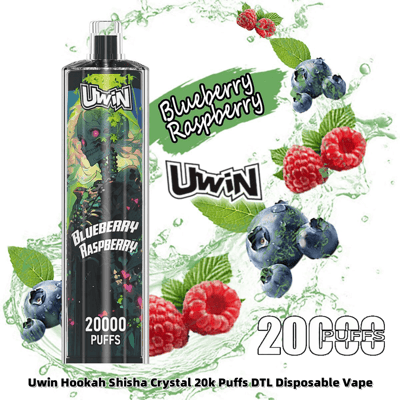 A promotional image for the Uwin Blueberry Raspberry flavored disposable vape, featuring an artistic design on the device and imagery of blueberries, raspberries, and mint leaves.