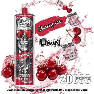 A promotional image featuring the Uwin Cherry Ice disposable vape with a skull design wearing red glasses, surrounded by cherries and ice cubes on a red and white themed background, highlighting 20,000 puffs capacity.
