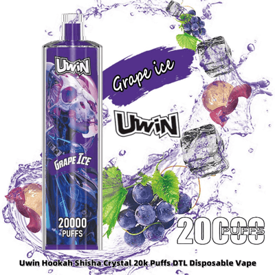 Promotional image of Uwin's disposable vape product in grape ice flavor, showcasing the device design and features such as 20,000 puffs capability alongside illustrations of grapes and ice cubes.