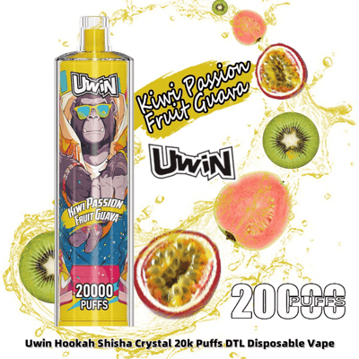 Uwin Kiwi Passion Fruit Guava flavored disposable vape with 20,000 puffs capacity, featuring a design with a sunglasses-wearing gorilla and vibrant fruit illustrations.