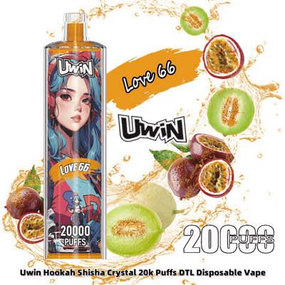 Promotional image of a Uwin 'Love 66' disposable vape with '20,000 puffs' capacity, featuring artistic packaging and depictions of passionfruit and melon on a dynamic background.