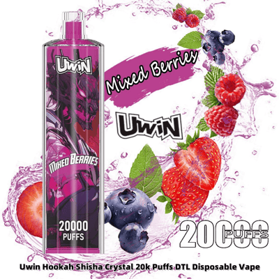 A Uwin branded disposable vape labeled 'Mixed Berries' featuring a vibrant design with berry illustrations and text highlighting '20,000 puffs'.