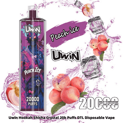 A promotional image of the Uwin Peach Ice disposable vape, featuring a colorful design, images of peaches and ice, and text indicating 20,000 puffs.