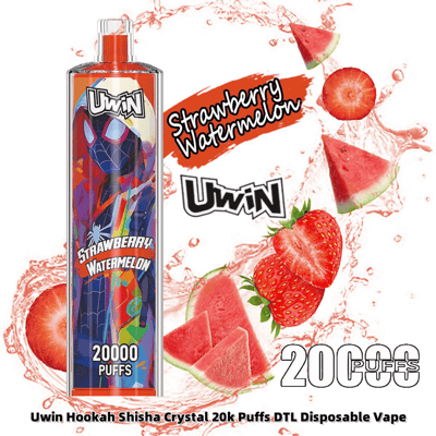 A product image of the Uwin Strawberry Watermelon flavored disposable vape with 20,000 puffs, featuring vibrant packaging and visuals of strawberries, watermelons, and splashes, alongside bold branding.