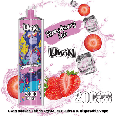Promotional image for the Uwin disposable vape device with a strawberry ice flavor, featuring vibrant packaging with a colorful primate illustration and text highlighting 20,000 puffs, surrounded by ice cubes and strawberries on a splashy pink background.