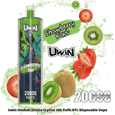 Product promotional image for the Uwin Strawberry Kiwi flavored disposable vape, featuring colorful fruit graphics, the device's design, and emphasized text advertising 20,000 puffs.