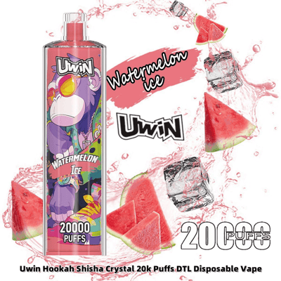 Uwin disposable vape packaging featuring a watermelon ice flavor, illustrated with a colorful design of a monkey wearing sunglasses, surrounded by images of watermelon slices and ice cubes, highlighted text stating '20000 Puffs'.