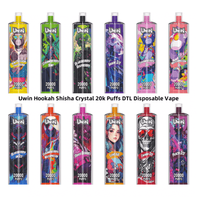 A collection of twelve colorful Uwin disposable vapes with different flavors listed, each designed with vibrant graphics and labeled "20000 Puffs."