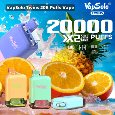 Image promotionnelle pour le VapSolo Twins 20K Puffs Vape comprenant trois appareils de vapotage aux couleurs vives ainsi que des graphismes de fruits orange et ananas mettant l'accent sur les saveurs, sur un fond bleu avec des accents d'éclaboussures d'eau.