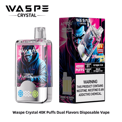 Waspe Crystal 使い捨てベイプのパッケージと製品画像。グレープ アイスとブラック ドラゴン アイスの 2 つのフレーバーがあり、40,000 回の吸引が可能と宣伝されており、ニコチンに関する警告が目立つように記載されています。