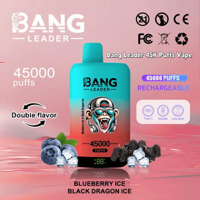 Promotional image for the Bang Leader 45K Puffs Vape featuring rechargeable functionality, dual flavors (Blueberry Ice and Black Dragon Ice), a Type-C charging port, and 650mAh capacity displayed on a colorful background.