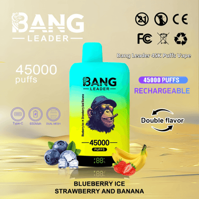Promotional image of the Bang Leader rechargeable vape featuring blueberry ice, strawberry, and banana flavors with a capacity of 45,000 puffs, displayed alongside flavor icons and device specifications.
