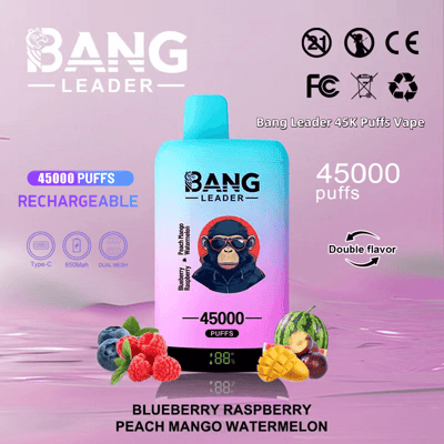 Promotional image for Bang Leader 45K Puffs Vape showcasing its features, charging capabilities, flavor options including blueberry raspberry and peach mango watermelon, with device graphics and icons on a purple background.