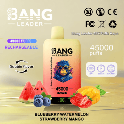 Promotional image for the Bang Leader rechargeable vape device with 45000 puffs capacity, featuring dual flavors of blueberry watermelon and strawberry mango, alongside product specifications and fruit illustrations.