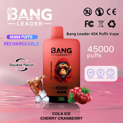 Promotional image for the Bang Leader 45000 Puffs Vape featuring cherry cranberry cola flavor, Type-C charging port, 650mAh battery capacity, and dual mesh technology.