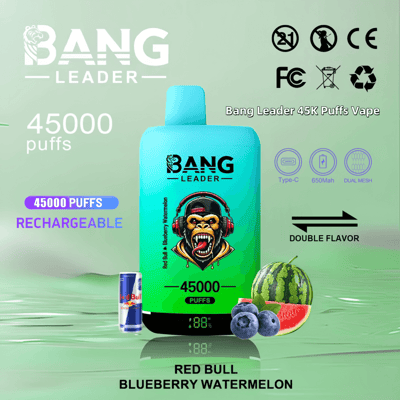 Promotional image of Bang Leader vape showcasing a Rechargeable 45000 puffs device with dual flavors, Red Bull and Blueberry Watermelon, alongside fruit visuals and product details.