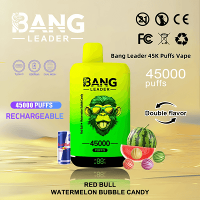 Promotional image for Bang Leader 45,000 puff rechargeable vape with dual mesh technology, showcasing Red Bull Watermelon Bubble Candy flavor, featuring bold product branding and vibrant visuals including fruits and flavor-related graphics.