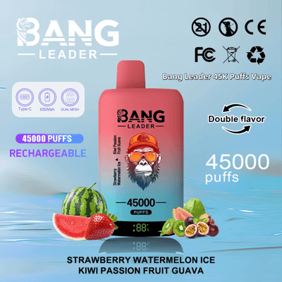 Advertisement for Bang Leader rechargeable vape device with 45,000 puffs capacity, showcasing dual flavors including Strawberry Watermelon Ice and Kiwi Passion Fruit Guava, alongside images of ice, watermelons, strawberries, kiwis, guavas, and passion fruits.