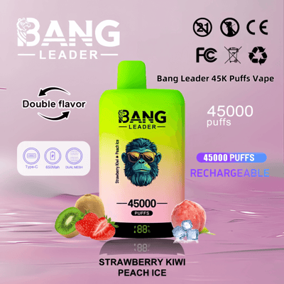 Promotional image for Bang Leader vape device featuring strawberry kiwi and peach ice flavors, 45,000 puffs, rechargeable design, dual mesh technology, and Type-C compatibility.