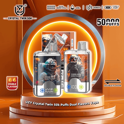 Promotional graphic displaying two UZY Crystal Twin 50k Puffs Dual Flavor Vape devices, featuring astronaut-themed designs and product specifications, set on an orange background.