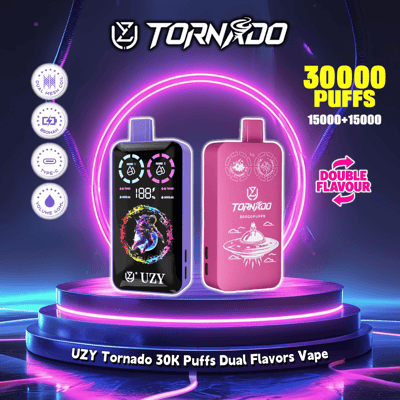 Immagine promozionale di UZY Tornado 30K Puffs Dual Flavors Vape, che presenta due dispositivi per lo svapo dal design futuristico, dotati di doppi aromi, ricarica Type-C e fino a 30.000 tiri.