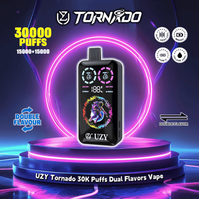 Promotional image of the UZY Tornado 30K Puffs Dual Flavor Vape, featuring a sleek black design and circular digital display indicators, surrounded by dynamic neon lighting effects against a dark background.