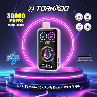 Promotional image showcasing the UZY Tornado 30K Puffs Dual Flavors Vape with a sleek design, featuring dual flavor options and modern graphics, set against a vibrant illuminated background.
