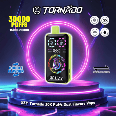 Promotional image for the "UZY Tornado" dual flavors vape device, featuring a vibrant digital design, dual-coil technology, Type-C charging, and a capability of up to 30,000 puffs, displayed against a glowing futuristic backdrop.