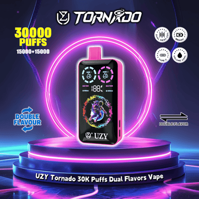 Promotional image featuring the UZY Tornado 30K Puffs Dual Flavors Vape device with colorful lights and product highlights such as 30,000 puffs and dual flavor technology.