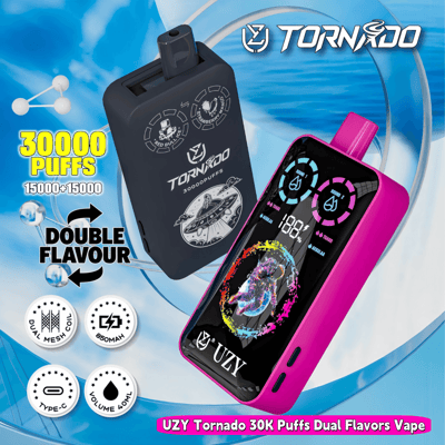 Promotional image for the UZY Tornado 30K dual flavor vape, featuring two vape designs with 30,000 puffs capacity, vibrant colors, and dual mesh coil technology, highlighting features like 850mAh battery and Type-C charging against a blue backdrop.