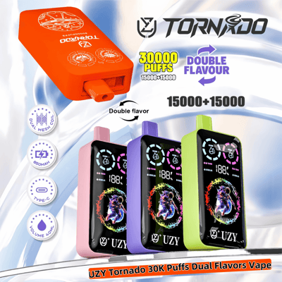 Promotional image for the UZY Tornado vape with dual flavors, showcasing colorful models, capacity and performance indicators, and features including 30,000 puffs and Type-C charging.