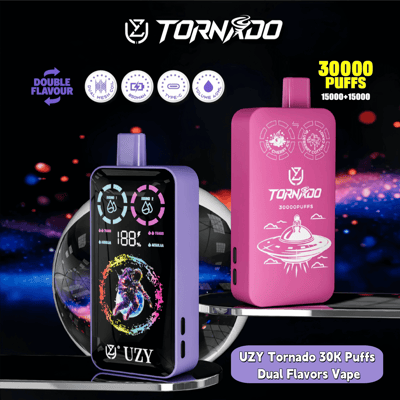 Promotional image showcasing UZY Tornado vape devices with 30,000 puff capacity, featuring vibrant colors and graphical designs, emphasizing dual flavors and advanced features like Type-C charging and puff count display.