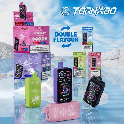A colorful promotional display for Tornado double flavor vape devices, featuring various designs and warning labels, set against a reflective icy backdrop.