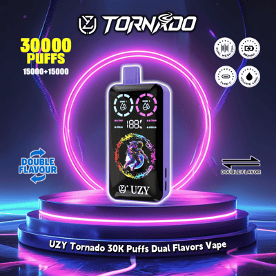 Promotional image of the UZY Tornado vape featuring 30,000 puffs, dual flavors, and advanced features displayed in a vibrant neon-lit design.