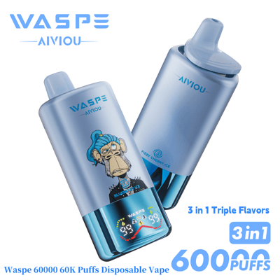 Two light blue disposable vapes labeled "Waspe Aiviou" featuring a cartoon monkey illustration, offering 60,000 puffs with three flavors and a flavor indicator on the bottom.
