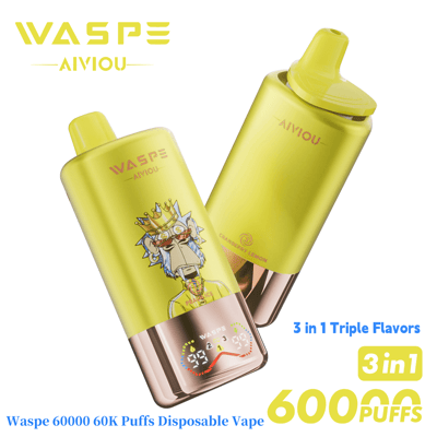 Two Waspe Aiviou disposable vape devices in yellow with a cartoon monkey wearing a crown, offering 60,000 puffs and 3-in-1 triple flavors including cranberry lemon.
