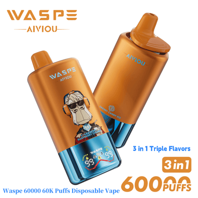 Image of two orange Waspe Aivou disposable vape devices featuring a monkey design, with text highlighting 60,000 puffs and 3-in-1 triple flavors including Cherry Candy Ice.