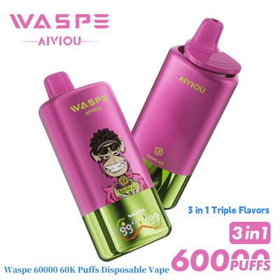 Two pink and green Waspe Aivou disposable vape devices, featuring a cartoon monkey design and labeled for 60,000 puffs with 3 in 1 triple flavors.