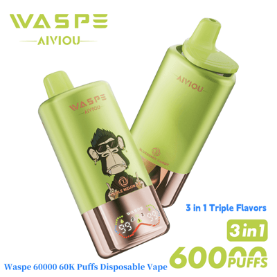 Two Waspe Aivyou disposable vape devices in green, featuring a cartoon ape design and labeled with flavors like Triple Melon and Blueberry Candy, highlighted for their capacity of 60,000 puffs and 3-in-1 triple flavors.