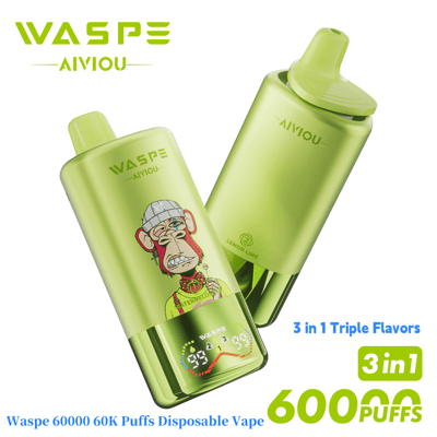 Two lime green Waspe Aivyou disposable vape devices, featuring a stylized monkey design and labeled with 60,000 puffs and triple flavors including lemon lime.
