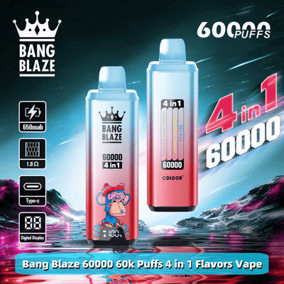 Promotional image for Bang Blaze vape showcasing two vaping devices with a futuristic background, offering 60,000 puffs and four flavors including Red Bull and Banana Apricot.