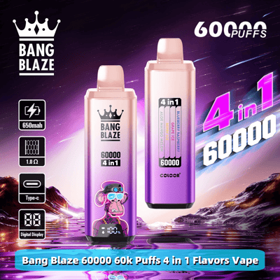 Promotional image for Bang Blaze 60000 Puffs 4-in-1 vape featuring two vape devices with 650mAh battery, Type-C charging, digital display, and flavors including aloe mango melon, blueberry raspberry, grape ice, against a cosmic backdrop.