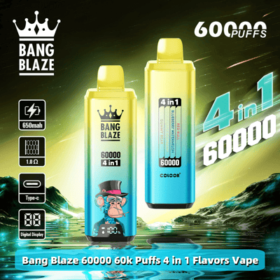 Advertisement for Bang Blaze vape featuring a digital display and 60,000 puffs, highlighting 4-in-1 flavors and specifications like 650mAh battery and Type-C charging, set against a stylized cosmic background.
