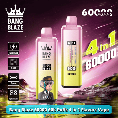 Promotional image for Bang Blaze 60,000 puff vape with 4 flavors, highlighting features like 650mAh battery, 1.0Ω resistance, Type-C charging, and digital display, set against a vibrant, artistic background.