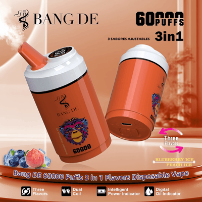 Promotional image of Bang DE disposable vape featuring 60,000 puffs, adjustable three-in-one flavors including blueberry ice and peach ice, and components like dual coil and digital oil indicator on an orange background.